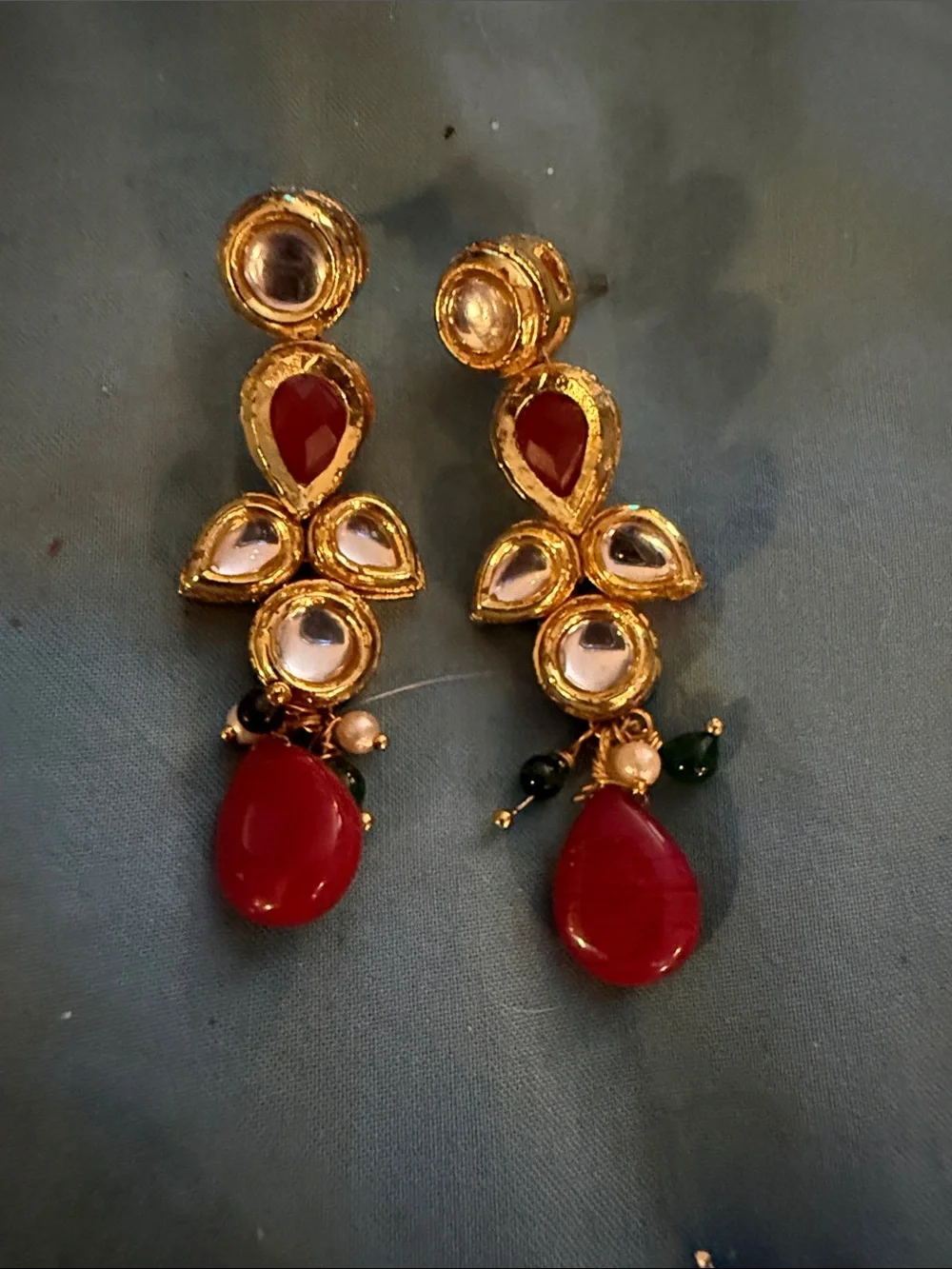 Gold-Tone Kundan Drop Earrings with Red Gemstones